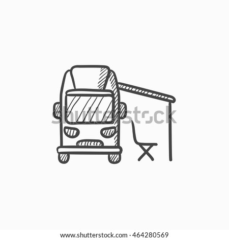 Motorhome with tent vector sketch icon isolated on background. Hand drawn Motorhome with tent icon. Motorhome with tent sketch icon for infographic, website or app.
