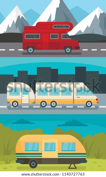 Motorhome trailer camp house banner concept set. Flat
illustration of 3 motorhome trailer camp house vector banner
concepts for web