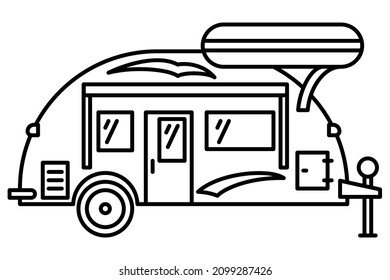 Motorhome With A Trunk At The Top. A Recreational Vehicle. Family Camping, Traveling Outside. Vector Icon, Outline, Isolated. Editable Stroke