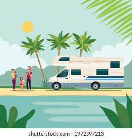 Motorhome with a vacationing family. Vector flat style illustration