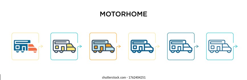 Motorhome vector icon in 6 different modern styles. Black, two colored motorhome icons designed in filled, outline, line and stroke style. Vector illustration can be used for web, mobile, ui