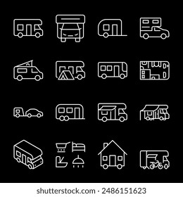 Motorhomes, white line icons. Different types of mobile homes with sleeping areas. Ideal for travel and adventure themes. Symbols on black background. Editable stroke.