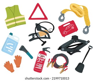 Motorist road set: tow rope, fire extinguisher, signal vest, warning triangle, cigarette lighter wires, first aid kit, jack, gloves, windshield wiper, compressor. Vector illustration