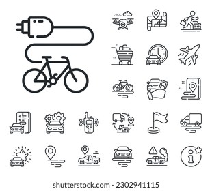 Motorized bicycle transport sign. Plane, supply chain and place location outline icons. Electric bike line icon. Charge ebike symbol. Electric bike line sign. Taxi transport, rent a bike icon. Vector