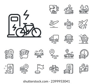 Motorized bicycle transport sign. Plane, supply chain and place location outline icons. Electric bike line icon. Charge ebike symbol. Electric bike line sign. Taxi transport, rent a bike icon. Vector