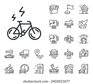 Motorisiertes Fahrradverkehrszeichen. Symbole der Planen-, Lieferketten- und Platzierungsstruktur. E-Bike Linie Symbol. Elektrisches Radsymbol. E-Bike-Line-Schild. Taxi-Transport, mieten Sie ein Fahrradsymbol. Reiseplan. Vektorgrafik