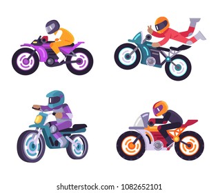 Motorized bike racers bicyclist isolated on white background, people on moped sportbikes vector illustration bikers ride on modern motorbikes, do tricks