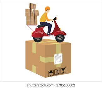 The motorized courier takes the shipping boxes to their addresses. Vector, banner, background. Cargo box.