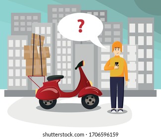 The motorized courier takes the shipping boxes to their addresses. Vector, banner, background. Cargo box.