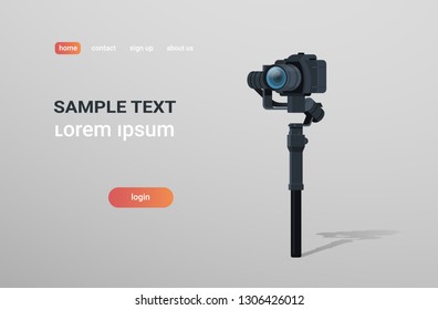 motorized gimbal stabilizer for DSLR mirrorless cameras anti shake tool record video scene concept gray background horizontal copy space flat