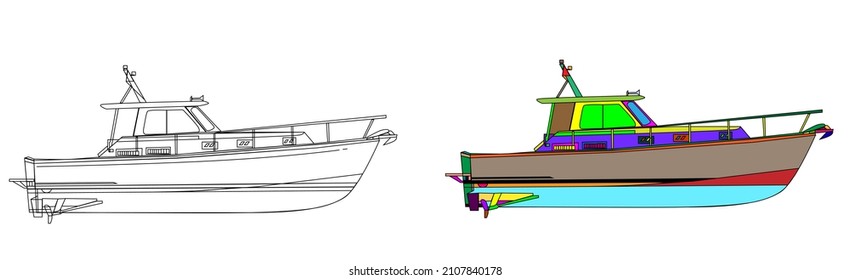 motorized modern large fishing boat industrial design illustrations. holiday boat technical drawing concept.