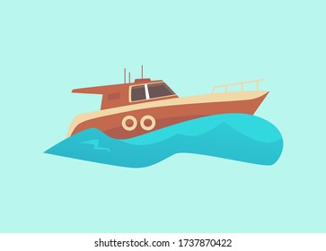 Motorized sea boat or yacht riding in water wave, flat vector illustration isolated on blue background. Marine travel light vehicle or nautical vessel colorful icon.