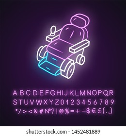 Motorized wheelchair neon light icon. Mobility aid device for physically disabled people. Transportation for handicapped person. Glowing alphabet, numbers and symbols. Vector isolated illustration