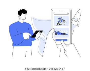 Motorsport betting abstract concept vector illustration. Person with smartphone deals with motorsport betting, get a profit from professional racing, sport transport abstract metaphor.