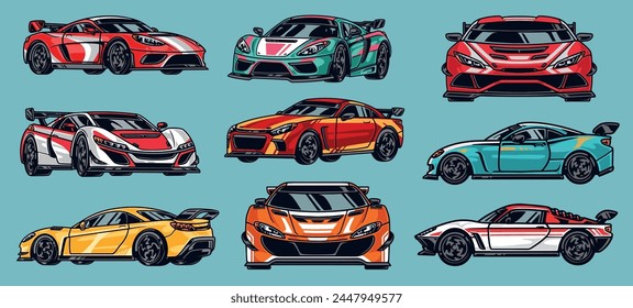 Motorsport car colorful set labels with racing vehicles with tuned body view from different sides vector illustration