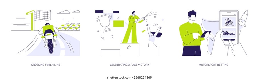 Motorsport championship abstract concept vector illustration set. Racing car crossing finish line, celebrating a race victory, racer on podium with champagne, motorsport betting abstract metaphor.