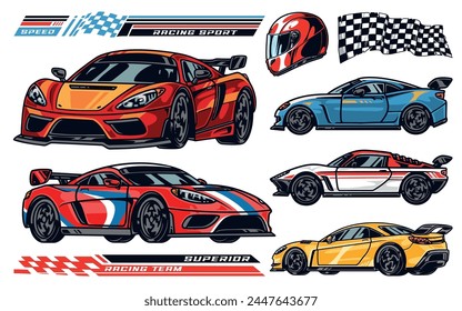 Motorsport championship colorful set elements with racing cars with sticker templates for tuning or for car magazine design vector illustration