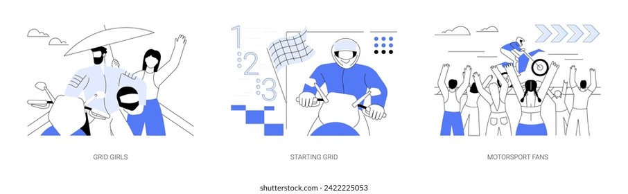 Motorsport event abstract concept vector illustration set. Grid girls, motorsport fans, car race starting grid, paddock woman, race queen, motorcycle racing championship abstract metaphor.