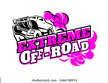 Motorsport event logotype. Extreme off-road adventure. Modern style. Vertical vector illustration with unique lettering in white, pink and black colors useful for advert, print, flayer design.
