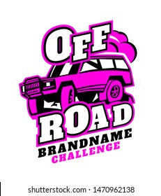 Motorsport event logotype. Extreme off-road adventure. Modern style. Vertical vector illustration with unique lettering in white, pink and black colors useful for advert, print, flayer design.