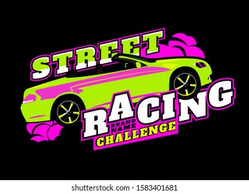 Motorsport event logotype. Extreme racing adventure. Modern style. Vertical vector illustration with unique lettering in white, pink and black colors useful for advert, print, poster design.