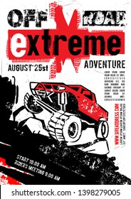 Motorsport event poster. Extreme off-road adventure. Grunge style. Vertical vector illustration with unique lettering in white, red and black colors useful for advert, print, flayer design.