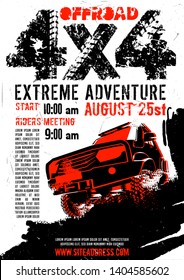 Motorsport event poster. Extreme off-road adventure. Grunge style. Vertical vector illustration with unique lettering in white, red and black colors useful for advert, print, flayer design.