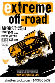 Motorsport event poster. Extreme off-road adventure. Grunge style. Vertical vector illustration with unique lettering in white, yellow and black colors useful for advert, print, flayer design.