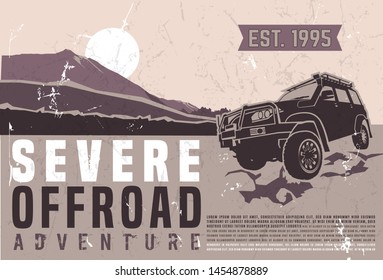 Motorsport event poster. Extreme off-road severe adventure. Grunge vintage style. Horizontal vector illustration in beige, violet and brown colors useful for advert, print, flayer design.