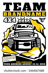 Motorsport event poster. Extreme off-road adventure. Truck competition flyer. Vertical vector illustration with unique lettering in white, yellow and black colors. Modern typography design template