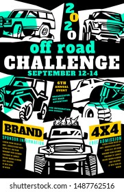 Motorsport event poster. Extreme off-road adventure. Truck competition flyer. Vertical vector illustration with unique lettering in white, yellow, blue, black colors. Modern typography design template