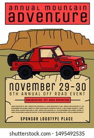 Motorsport event poster. Extreme off-road adventure. Truck competition flyer. Vertical vector illustration with copytext in beige, red and black colors. Modern stylish design template