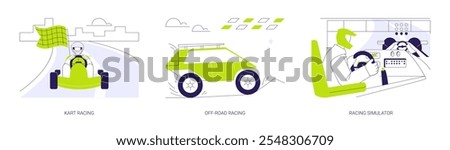 Motorsport hobby abstract concept vector illustration set. Kart racing, off-road driving, play racing simulator with joystick, extreme entertainment, virtual reality, fast speed car abstract metaphor.