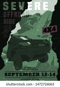 Motorsport offroad event poster. Extreme off-road severe adventure. Grunge vintage style. Vertical vector illustration in green, violet colors useful for advert, print, flayer design.