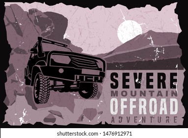 Motorsport offroad event poster. Extreme off-road severe adventure. Grunge vintage style. Horizontal vector illustration in violet colors useful for advert, print, placard, flyer design.