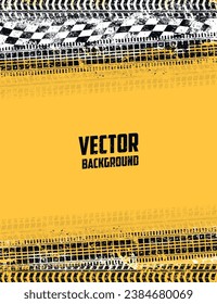 Motorsport race colorful grunge poster with car wheel marks and checkered flag near copy space for your logo vector illustration