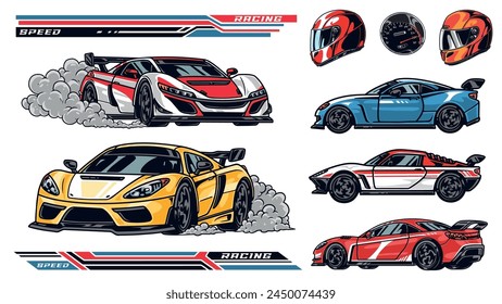 Motorsport racing colorful set stickers with cars with smoke under wheels near hardhat for drivers and tuning stripes vector illustration