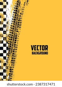 Motorsport tournament colorful grunge poster with traces from wheels of racing car and flag for sports rally championship vector illustration