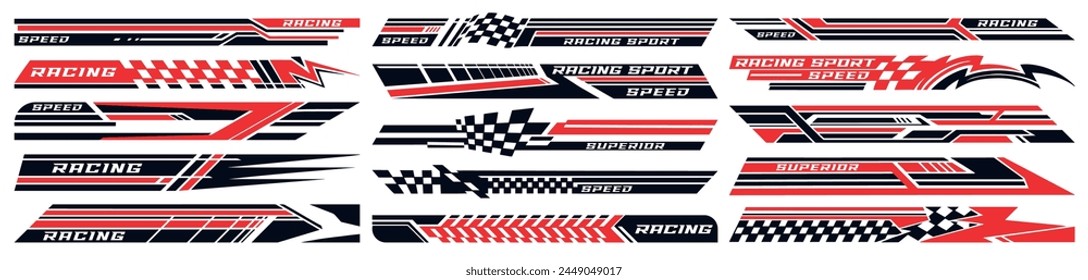 Motorsports racing set emblems colorful with cool options for tuning fast cars participating in extreme automobiles tournaments vector illustration