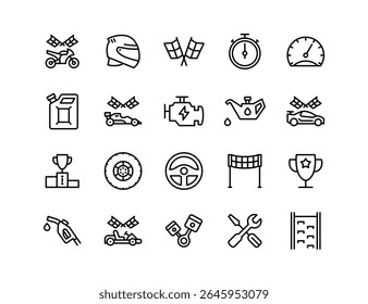 Motorsports Vector Icon Set | Adjustable Line Weight | Racing car, motorcycle, helmet, trophy, oil, engine, pit stop, fuel, flag, speed, competition icons