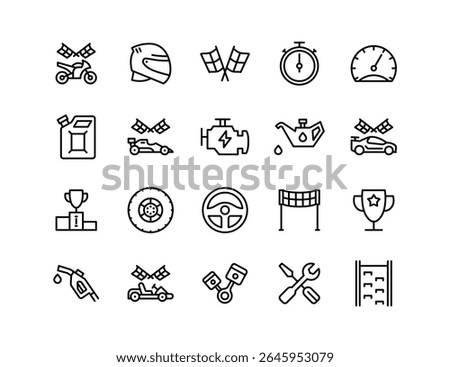 Motorsports Vector Icon Set | Adjustable Line Weight | Racing car, motorcycle, helmet, trophy, oil, engine, pit stop, fuel, flag, speed, competition icons