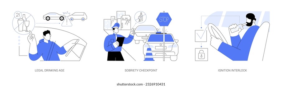 Motor-vehicle safety abstract concept vector illustration set. Legal drinking age, sobriety checkpoint, ignition interlock, enforcement officer, vehicle crash death, public health abstract metaphor.