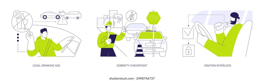 Conjunto de Ilustración vectorial de concepto abstracto de seguridad de vehículo de motor. Edad legal para beber, punto de control de sobriedad, bloqueo de encendido, oficial de aplicación, muerte por accidente automovilístico, metáfora abstracta de salud pública.