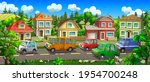 A motorway with cars runs along the cottage village. Cars, a van and a bus ride on the track .