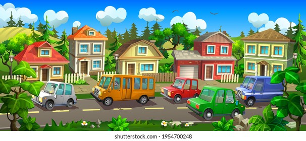 A motorway with cars runs along the cottage village. Cars, a van and a bus ride on the track .
