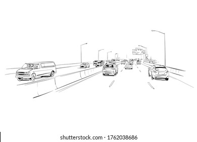 Motorway with cars template design sketch. Hand drawn vector illustration. 