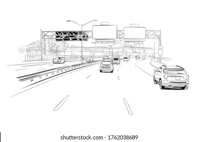 Motorway with cars template design sketch. Hand drawn vector illustration. 