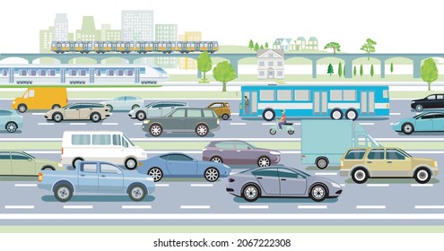 Motorway with express train, bus and passenger car