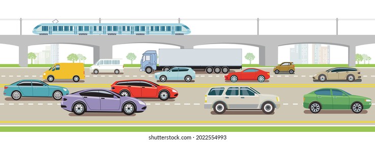 Motorway with express train, truck and passenger car