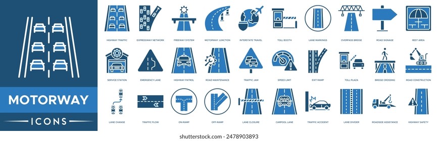 Icono de autopista. Tráfico en autopista, Red de autopistas, Sistema de autopistas, Cruce de autopistas, Viajes interestatales, Cabina de peaje y señalización de carriles